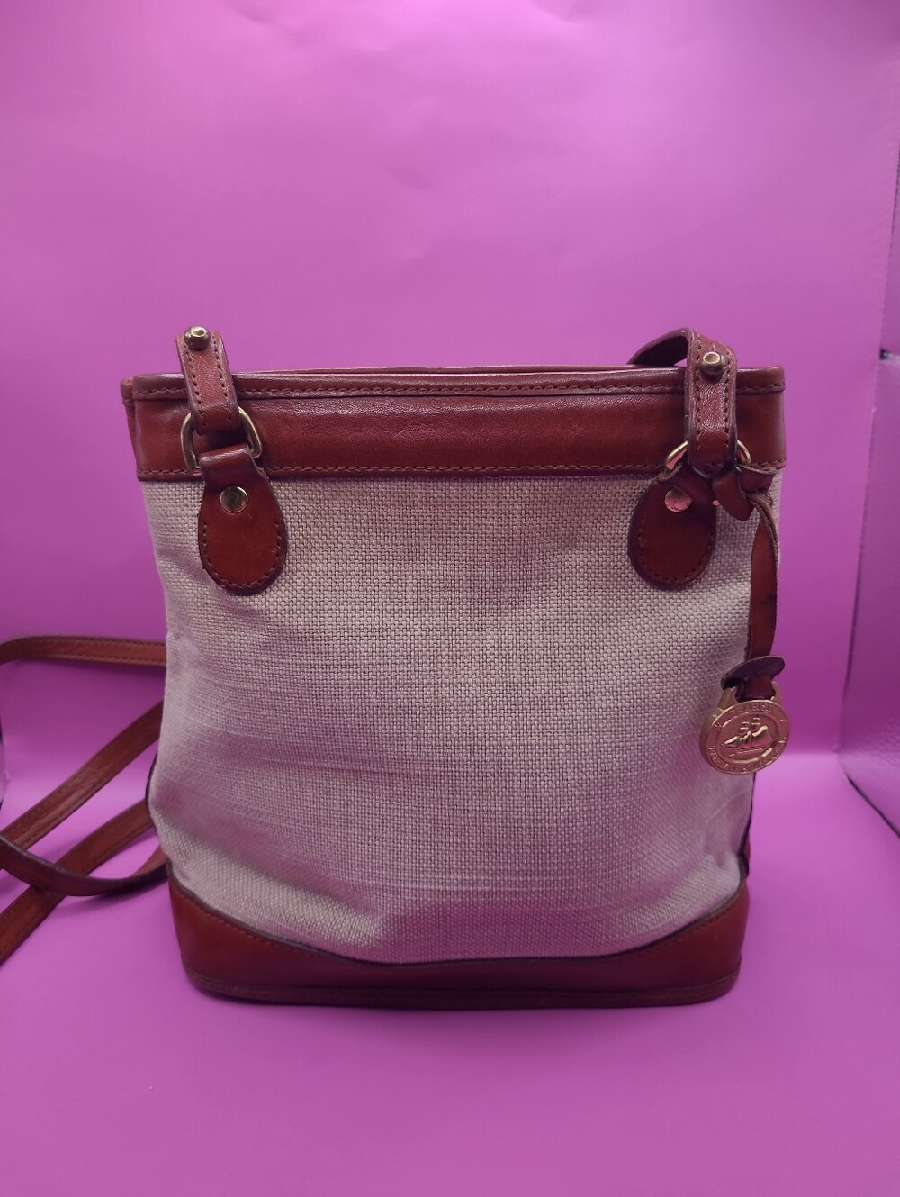 Brahmin Vintage Harbor Collection Canvas Brown Leather Shoulder Bag Bucket Tote